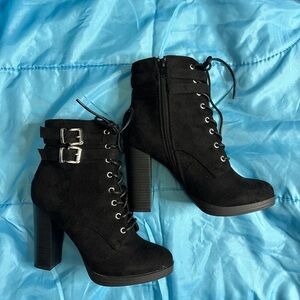 Black Lace-Up Chunky Heel Ankle Boots with Dual Buckle Straps